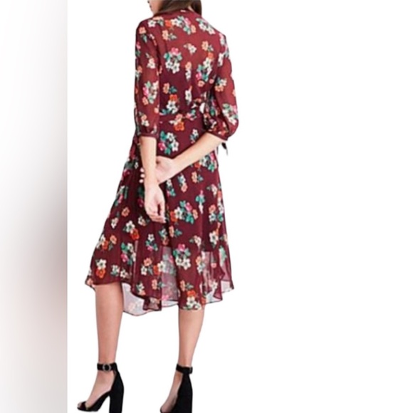 Maje Reselia Burgundy Sheer Floral Chiffon Ruffle Midi Self Tie Wrap Dress - Picture 9 of 12